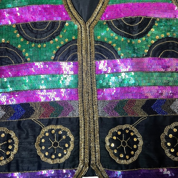 Vintage All-Over Sequins & Beaded Laurence Kazar Vest 100% Silk M - Picture 3 of 5